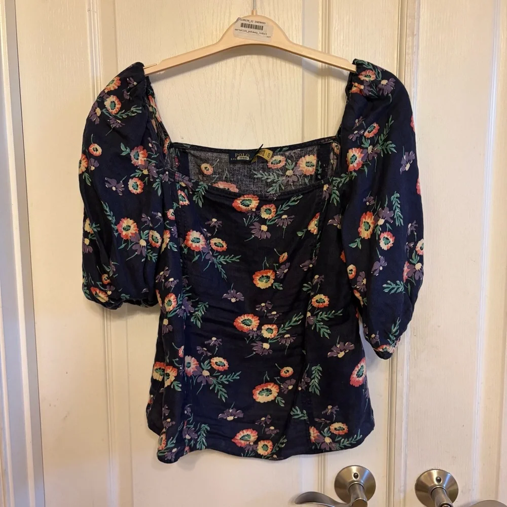 Polo Ralph Lauren Navy Floral Puff Sleeve Blouse - Picture 1 of 10
